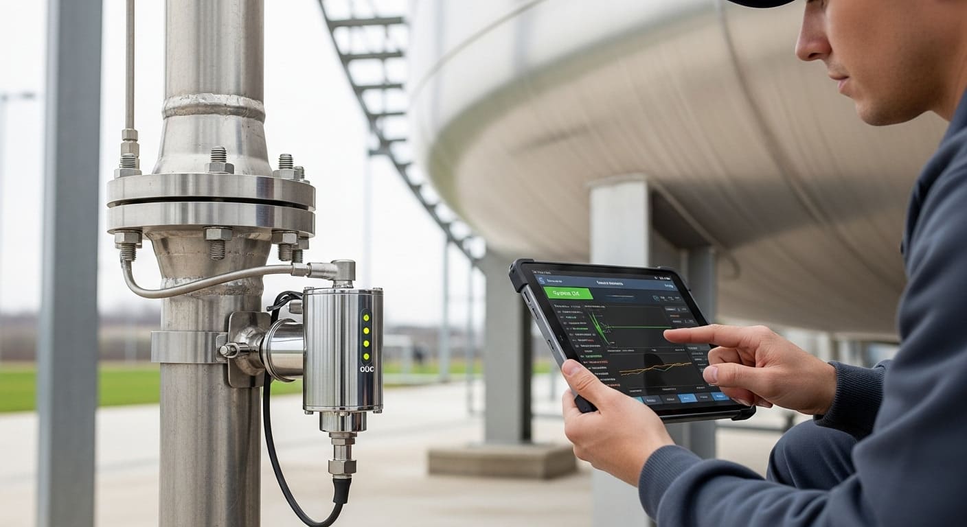 Инженер проверяет датчик утечки на трубопроводе нефтехранилища.