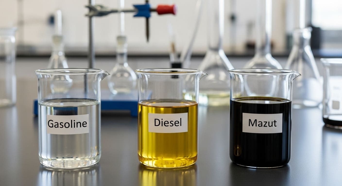 Образцы разных видов нефтепродуктов в лабораторной посуде.