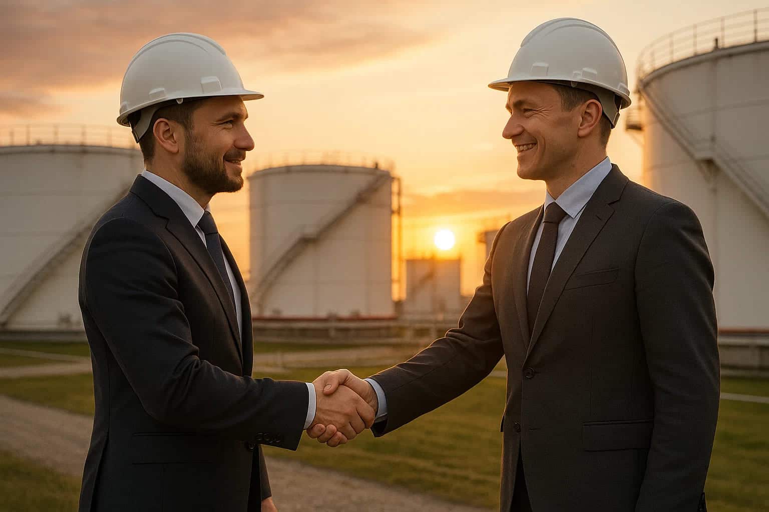 Два специалиста пожимают руки на фоне современных резервуаров для нефтепродуктов.