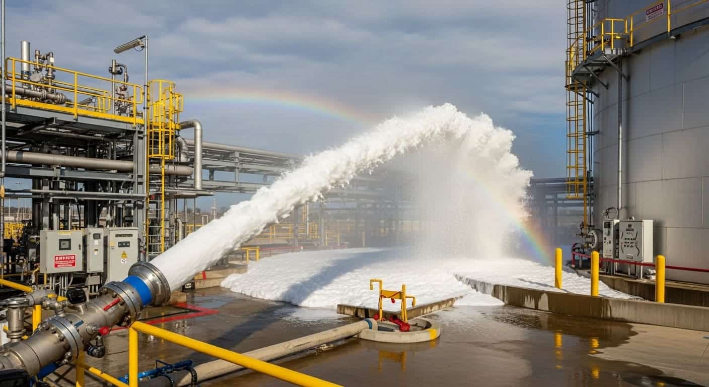 Система пенного пожаротушения в действии на нефтебазе.