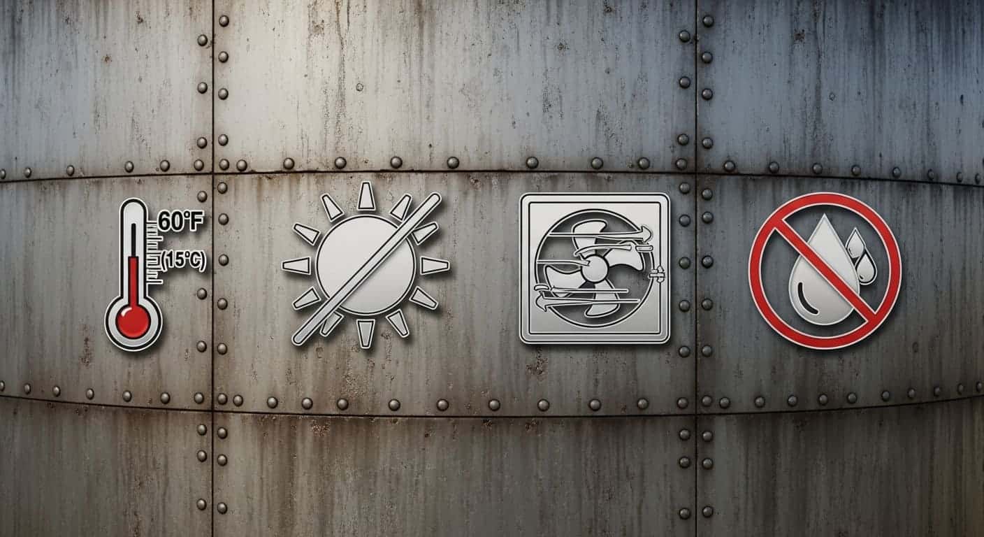 Ключевые факторы, влияющие на хранение нефтепродуктов: температура, свет, влажность.