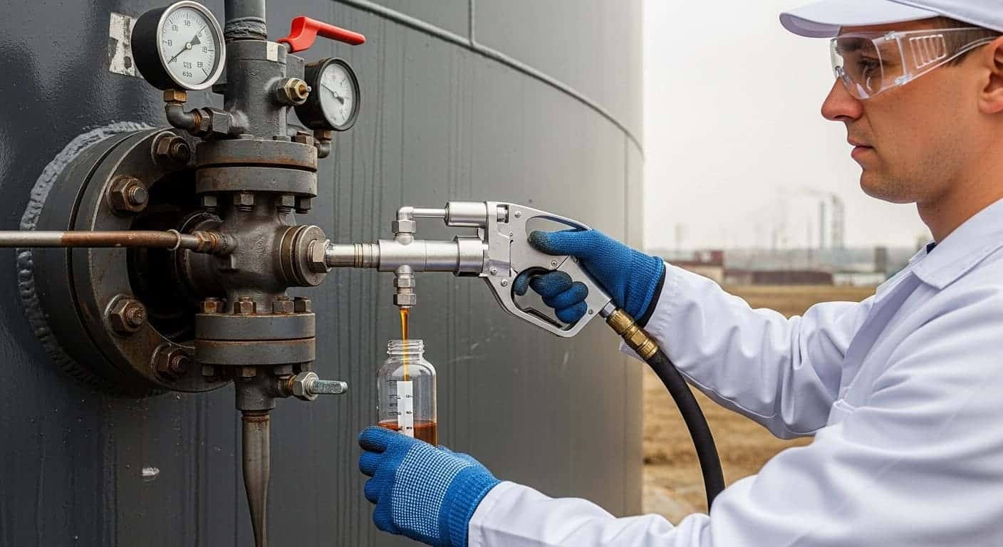 Специалист берет пробу нефтепродукта из резервуара для контроля качества.