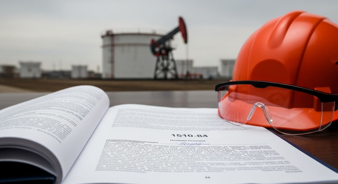 Документ ГОСТ 1510-84 и каска на фоне резервуара для нефтепродуктов.