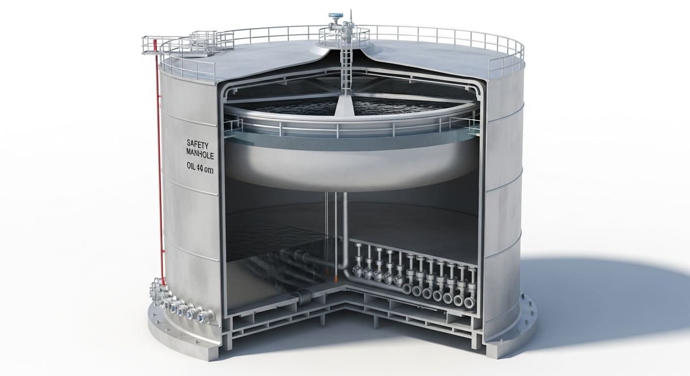 Схематическое устройство вертикального резервуара для хранения нефти.