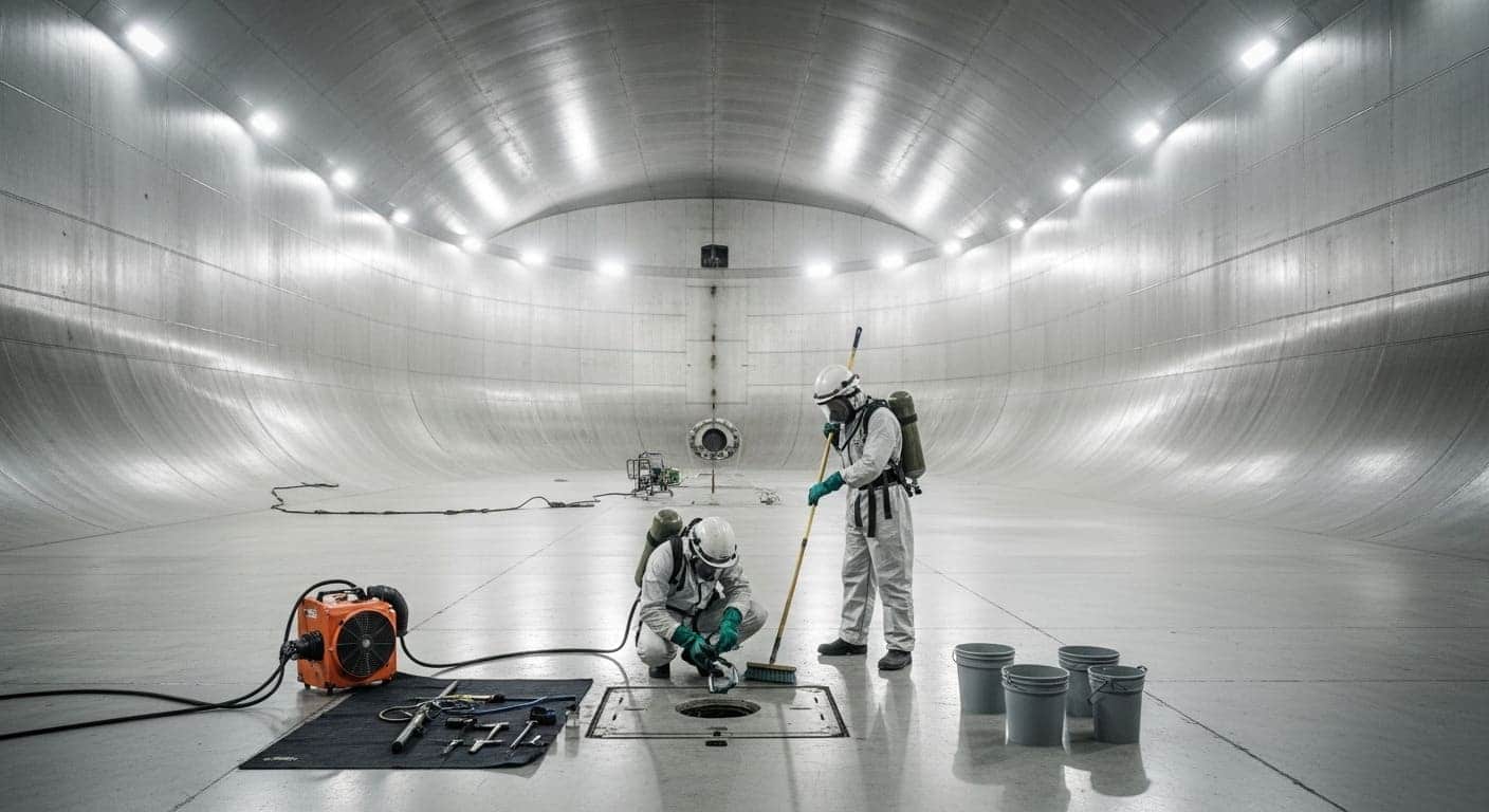 Специалисты в защитных костюмах проводят чистку и обслуживание резервуара изнутри.