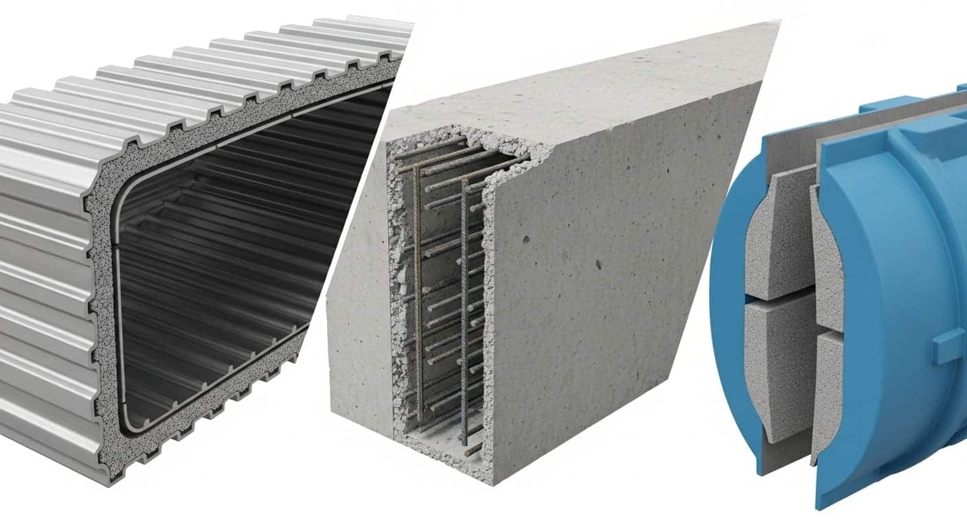 Различные материалы для изготовления резервуаров: сталь, железобетон, пластик.