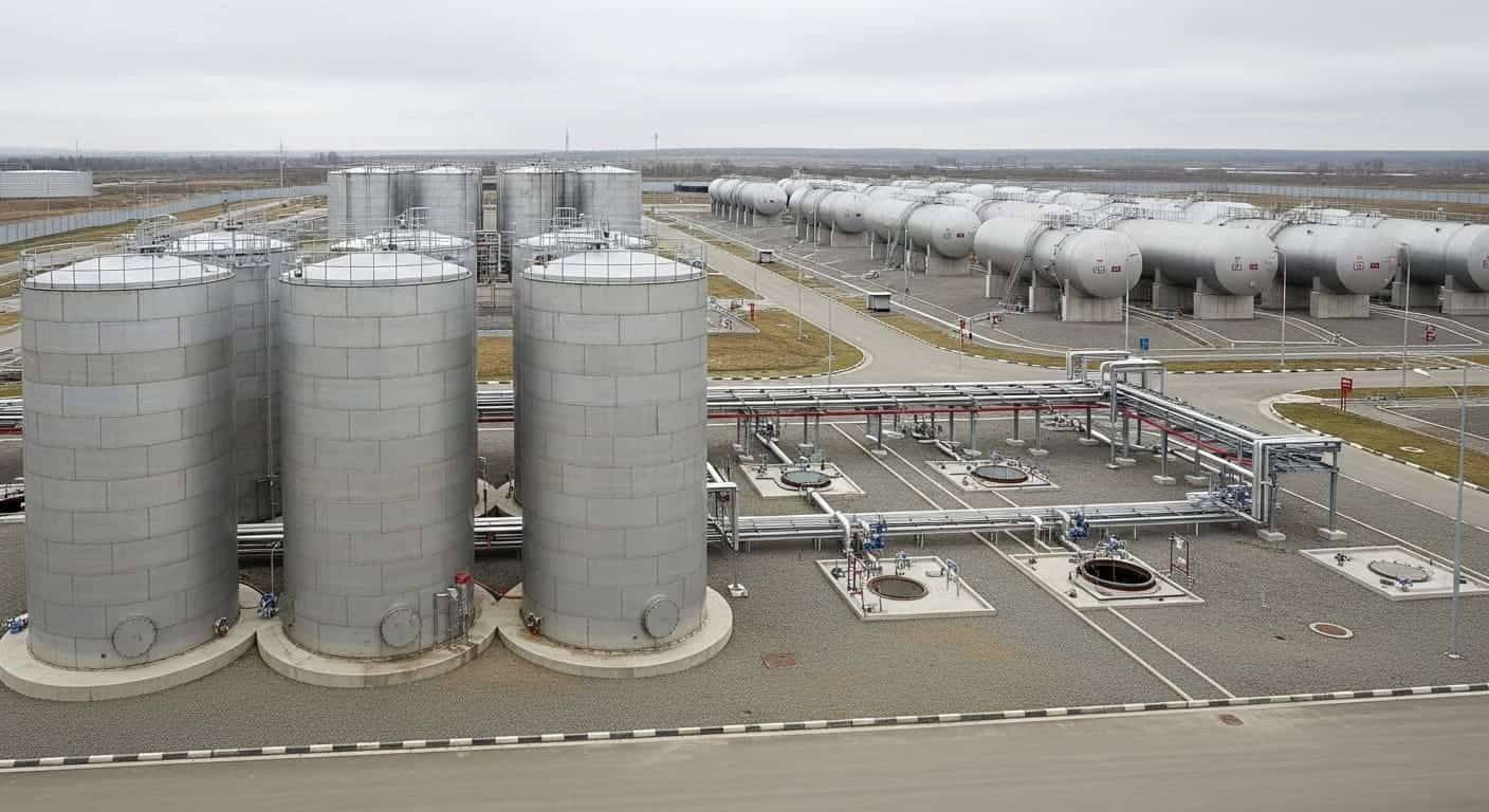 Разнообразные резервуары для хранения нефтепродуктов на нефтебазе.