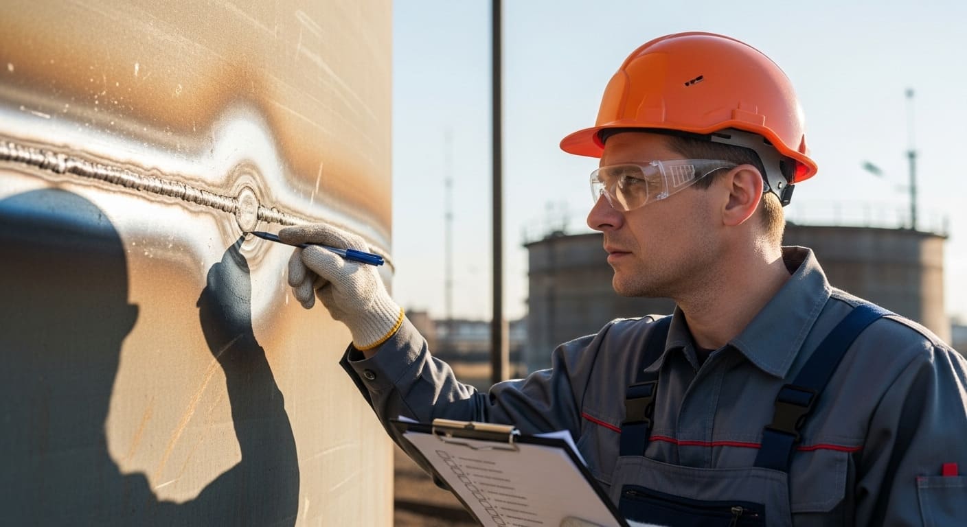 Инженер с чек-листом проводит плановую проверку состояния резервуара.