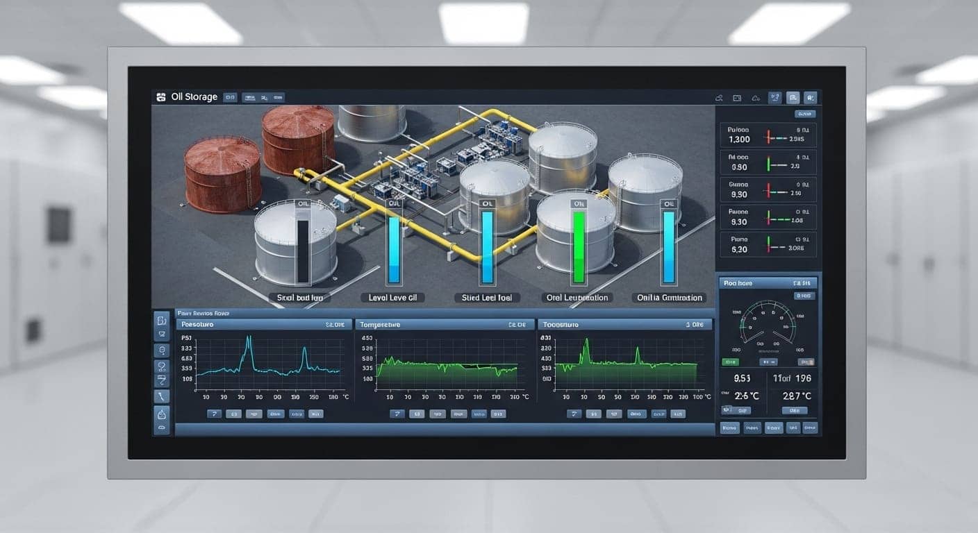 Панель управления с данными систем контроля уровня и давления в резервуарах.